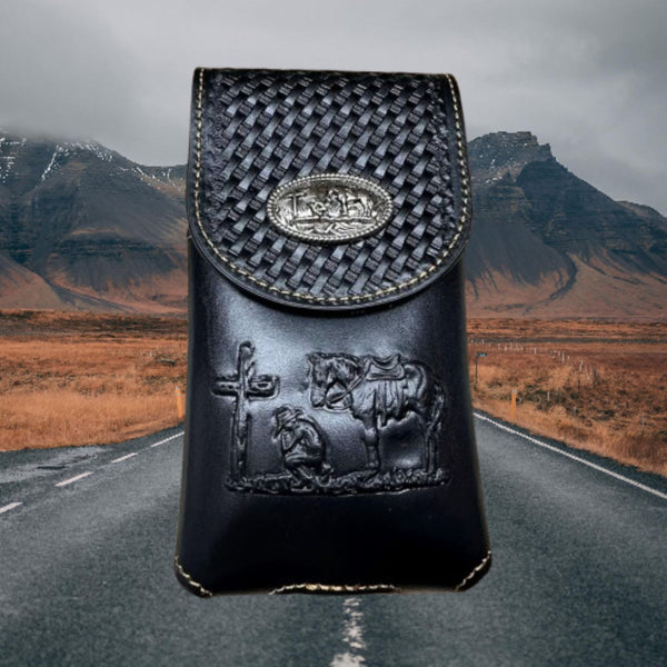 7" COWBOYS PRAYER BROWN EMBOSSED LEATHER POUCH EXTRA LARGE  BELT LOOP HOLSTER CELL PHONE CASE UNIVERSAL OVERSIZE #EH12708--FREE SHIPPING