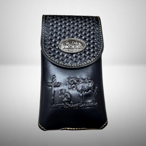 7" COWBOYS PRAYER BROWN EMBOSSED LEATHER POUCH EXTRA LARGE  BELT LOOP HOLSTER CELL PHONE CASE UNIVERSAL OVERSIZE #EH12708--FREE SHIPPING