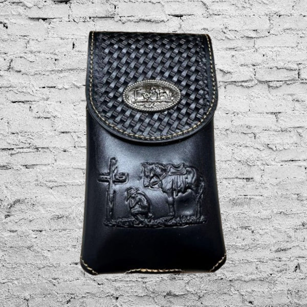 7" COWBOYS PRAYER BROWN EMBOSSED LEATHER POUCH EXTRA LARGE  BELT LOOP HOLSTER CELL PHONE CASE UNIVERSAL OVERSIZE #EH12708--FREE SHIPPING