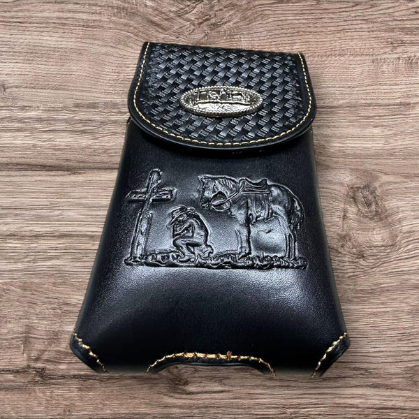 7" COWBOYS PRAYER BROWN EMBOSSED LEATHER POUCH EXTRA LARGE  BELT LOOP HOLSTER CELL PHONE CASE UNIVERSAL OVERSIZE #EH12708--FREE SHIPPING