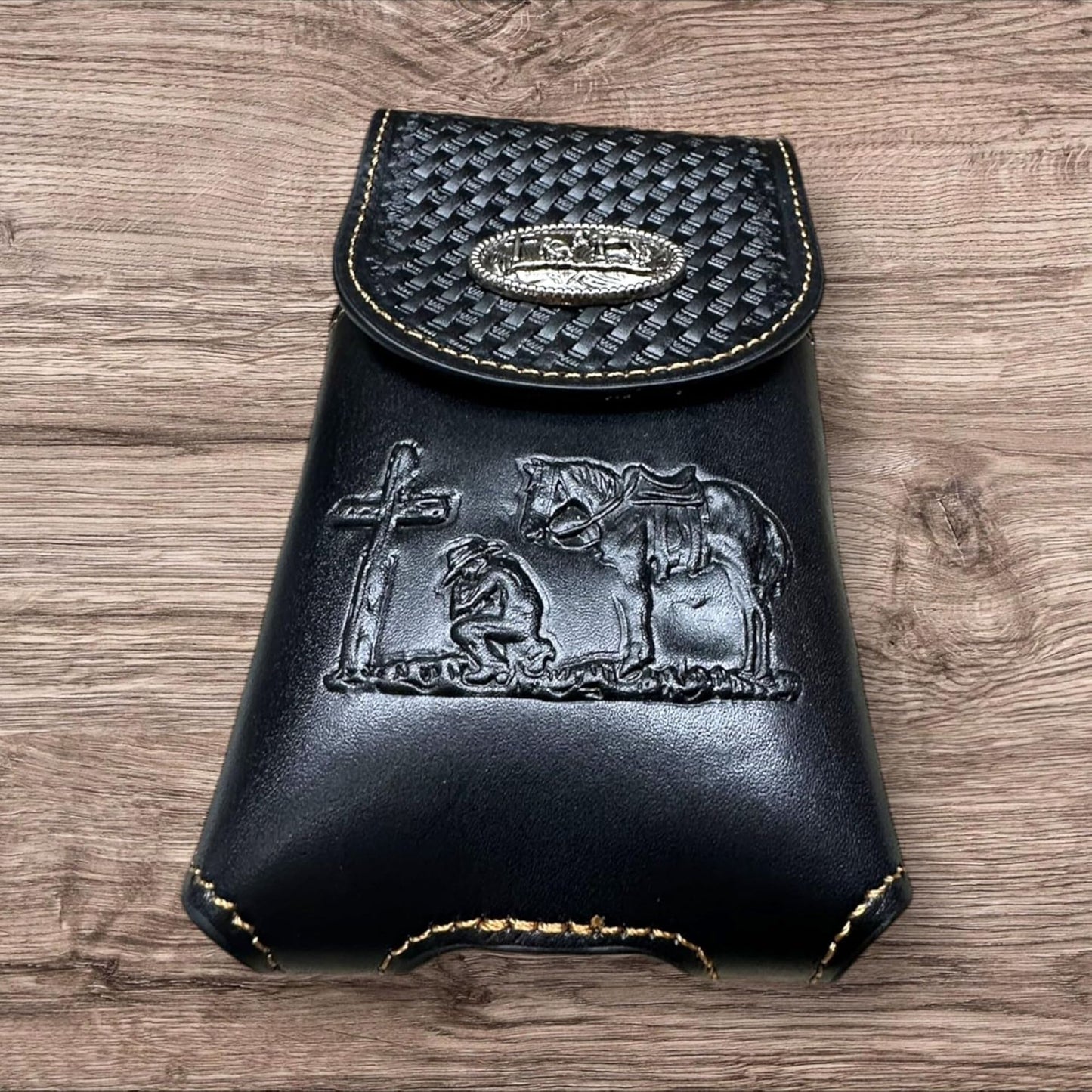 7" COWBOYS PRAYER BROWN EMBOSSED LEATHER POUCH EXTRA LARGE  BELT LOOP HOLSTER CELL PHONE CASE UNIVERSAL OVERSIZE #EH12708--FREE SHIPPING