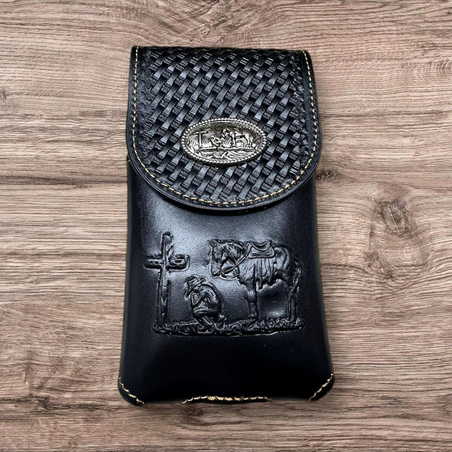 7" COWBOYS PRAYER BROWN EMBOSSED LEATHER POUCH EXTRA LARGE  BELT LOOP HOLSTER CELL PHONE CASE UNIVERSAL OVERSIZE #EH12708--FREE SHIPPING