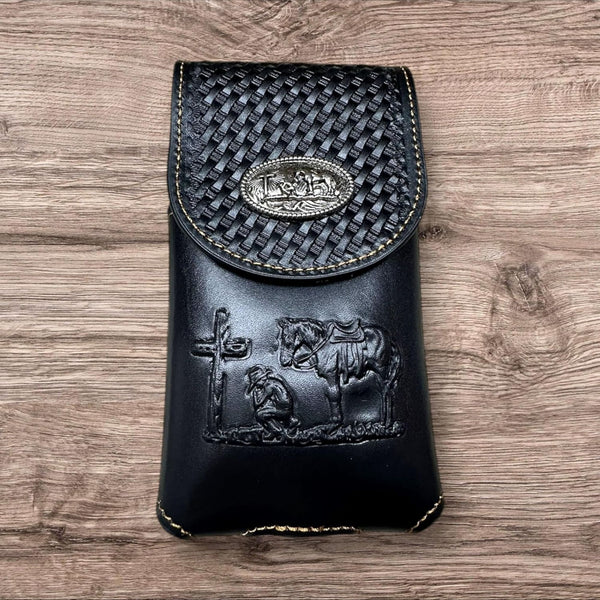 7" COWBOYS PRAYER BROWN EMBOSSED LEATHER POUCH EXTRA LARGE  BELT LOOP HOLSTER CELL PHONE CASE UNIVERSAL OVERSIZE #EH12708--FREE SHIPPING