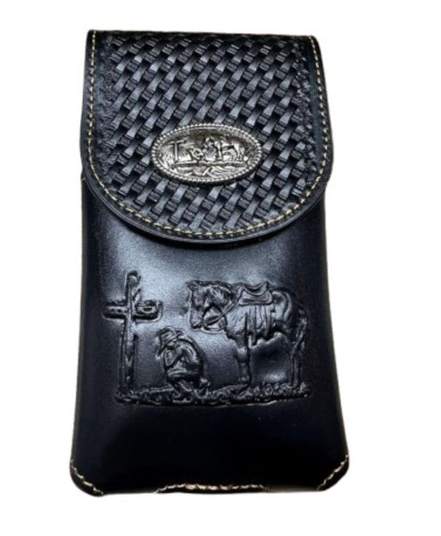 7" COWBOYS PRAYER BROWN EMBOSSED LEATHER POUCH EXTRA LARGE  BELT LOOP HOLSTER CELL PHONE CASE UNIVERSAL OVERSIZE #EH12708--FREE SHIPPING