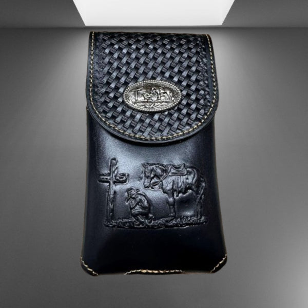 7" COWBOYS PRAYER BROWN EMBOSSED LEATHER POUCH EXTRA LARGE  BELT LOOP HOLSTER CELL PHONE CASE UNIVERSAL OVERSIZE #EH12708--FREE SHIPPING