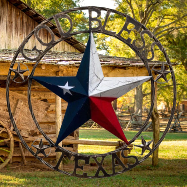 GOD BLESS TEXAS BARN STAR METAL LONE STAR CRACKLE RED WHITE & BLUE WESTERN HOME DECOR HANDMADE NEW #EH11067
