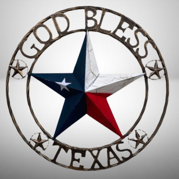 GOD BLESS TEXAS BARN STAR METAL LONE STAR CRACKLE RED WHITE & BLUE WESTERN HOME DECOR HANDMADE NEW #EH11067