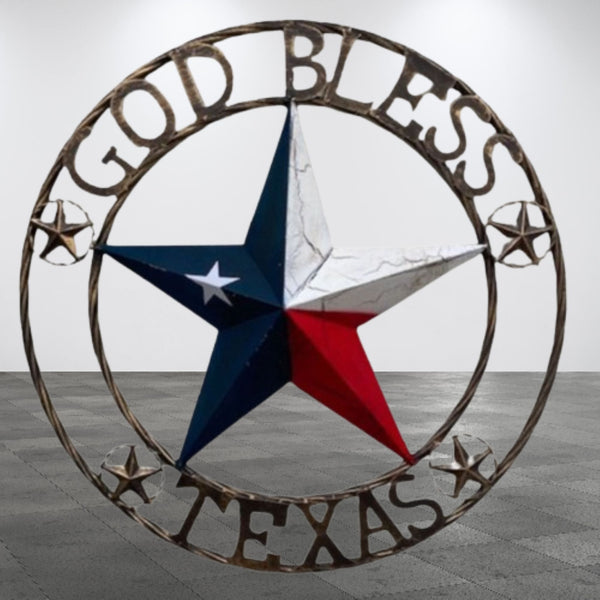 GOD BLESS TEXAS BARN STAR METAL LONE STAR CRACKLE RED WHITE & BLUE WESTERN HOME DECOR HANDMADE NEW #EH11067