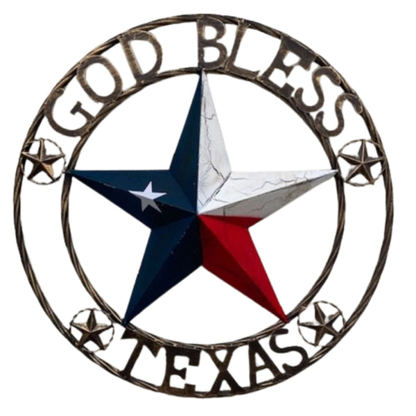 GOD BLESS TEXAS BARN STAR METAL LONE STAR CRACKLE RED WHITE & BLUE WESTERN HOME DECOR HANDMADE NEW #EH11067