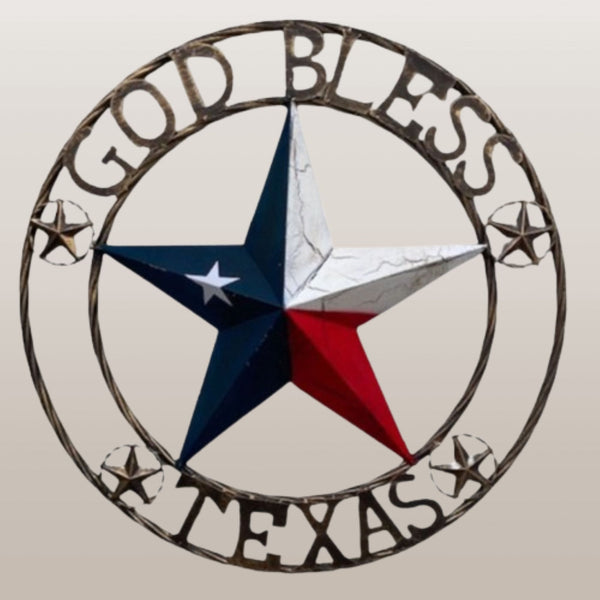 GOD BLESS TEXAS BARN STAR METAL LONE STAR CRACKLE RED WHITE & BLUE WESTERN HOME DECOR HANDMADE NEW #EH11067