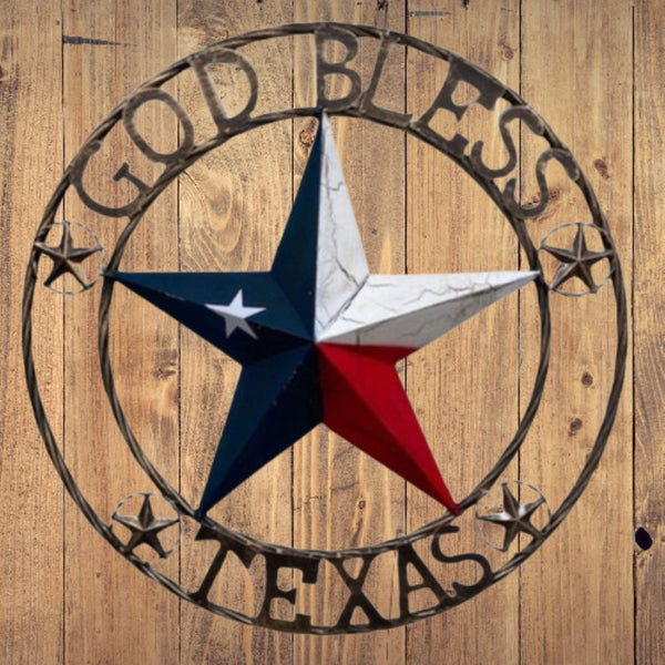 GOD BLESS TEXAS BARN STAR METAL LONE STAR CRACKLE RED WHITE & BLUE WESTERN HOME DECOR HANDMADE NEW #EH11067