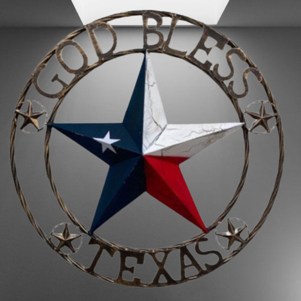GOD BLESS TEXAS BARN STAR METAL LONE STAR CRACKLE RED WHITE & BLUE WESTERN HOME DECOR HANDMADE NEW #EH11067