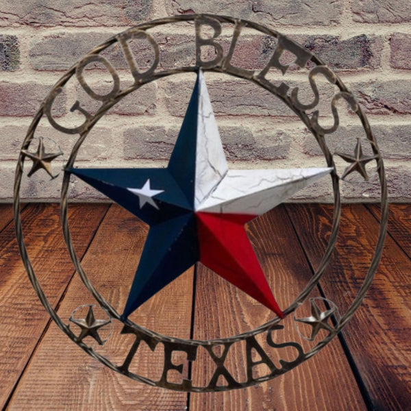 GOD BLESS TEXAS BARN STAR METAL LONE STAR CRACKLE RED WHITE & BLUE WESTERN HOME DECOR HANDMADE NEW #EH11067