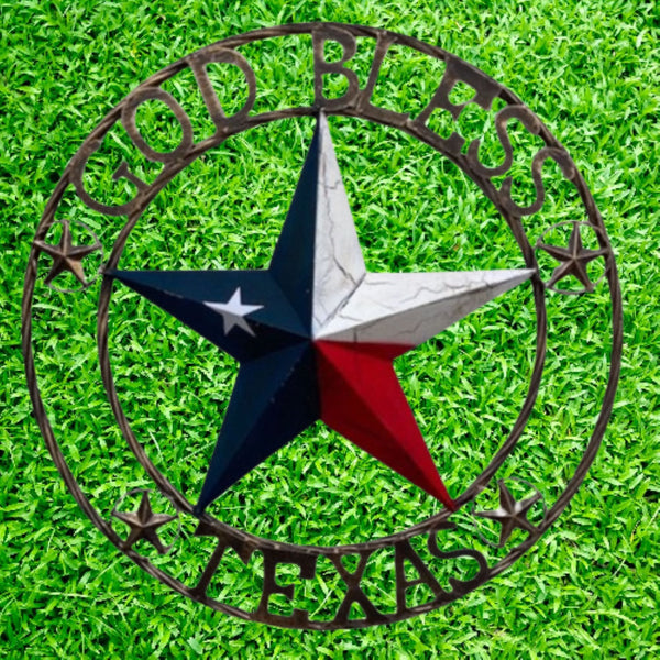GOD BLESS TEXAS BARN STAR METAL LONE STAR CRACKLE RED WHITE & BLUE WESTERN HOME DECOR HANDMADE NEW #EH11067