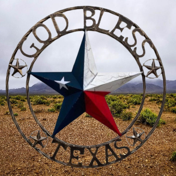 GOD BLESS TEXAS BARN STAR METAL LONE STAR CRACKLE RED WHITE & BLUE WESTERN HOME DECOR HANDMADE NEW #EH11067