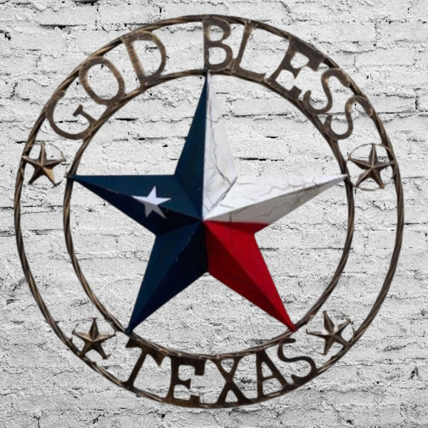 GOD BLESS TEXAS BARN STAR METAL LONE STAR CRACKLE RED WHITE & BLUE WESTERN HOME DECOR HANDMADE NEW #EH11067