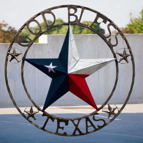 GOD BLESS TEXAS BARN STAR METAL LONE STAR CRACKLE RED WHITE & BLUE WESTERN HOME DECOR HANDMADE NEW #EH11067
