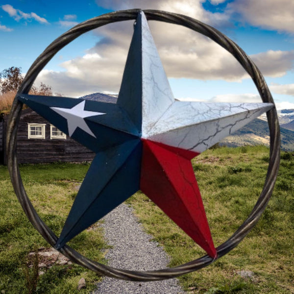 CRACKLE STAR METAL TWIST ROPE RING RED WHITE BLUE STAR WESTERN HOME DECOR HANDMADE NEW #EH12068