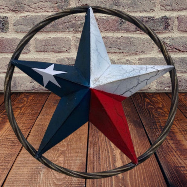 CRACKLE STAR METAL TWIST ROPE RING RED WHITE BLUE STAR WESTERN HOME DECOR HANDMADE NEW #EH12068