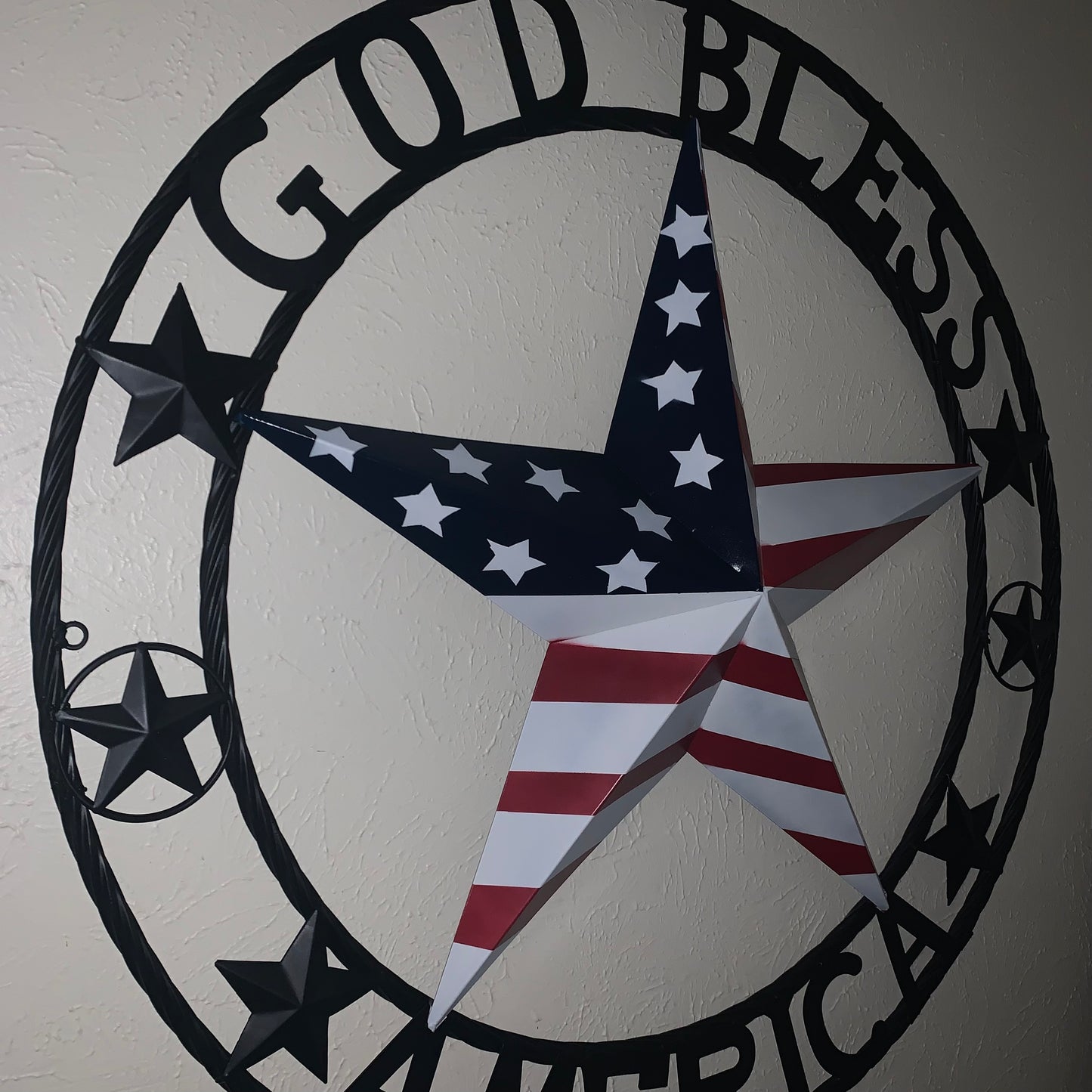 GOD BLESS AMERICA USA FLAG 3d STAR METAL BARN STAR BLACK TWISTED ROPE RING WALL ART WESTERN HOME DECOR RED WHITE & BLUE HANDMADE NEW #EH10490