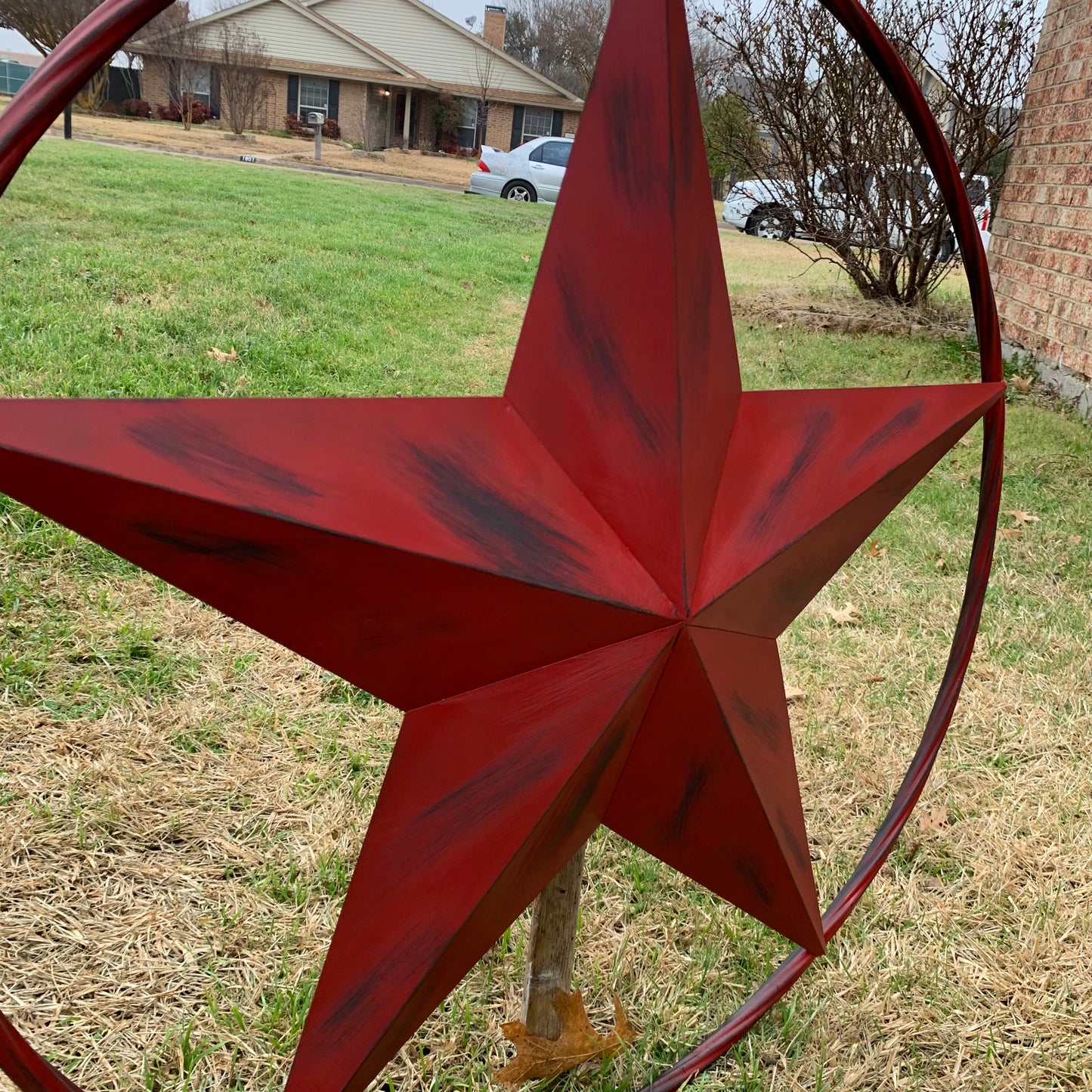 RED DISTRESSED STAR TWO TONE TEXTURE BARN STAR METAL LONESTAR TWISTED ROPE RING WESTERN HOME DECOR HANDMADE NEW #EH12958