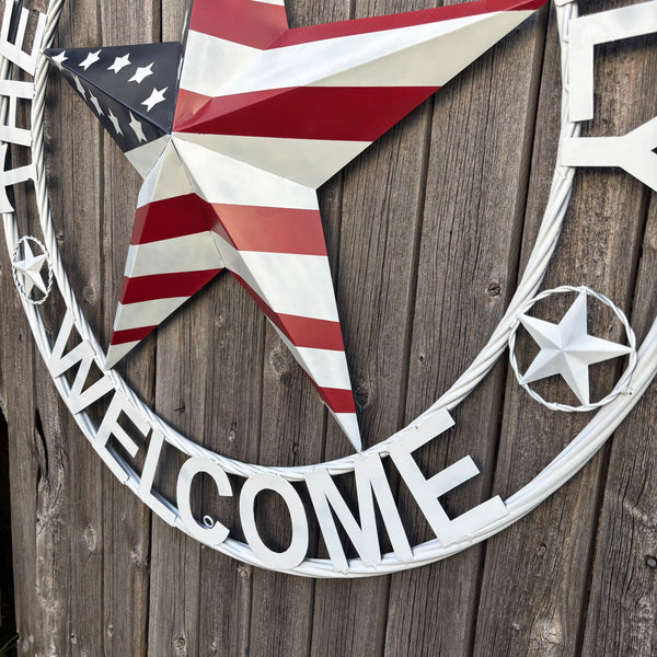 HOPPER STYLE YOUR CUSTOM NAME STAR METAL BARN 3d RED WHITE BLUE USA FLAG WITH WHITE TWIST ROPE RING WESTERN HOME DECOR HANDMADE, 24",36",40"