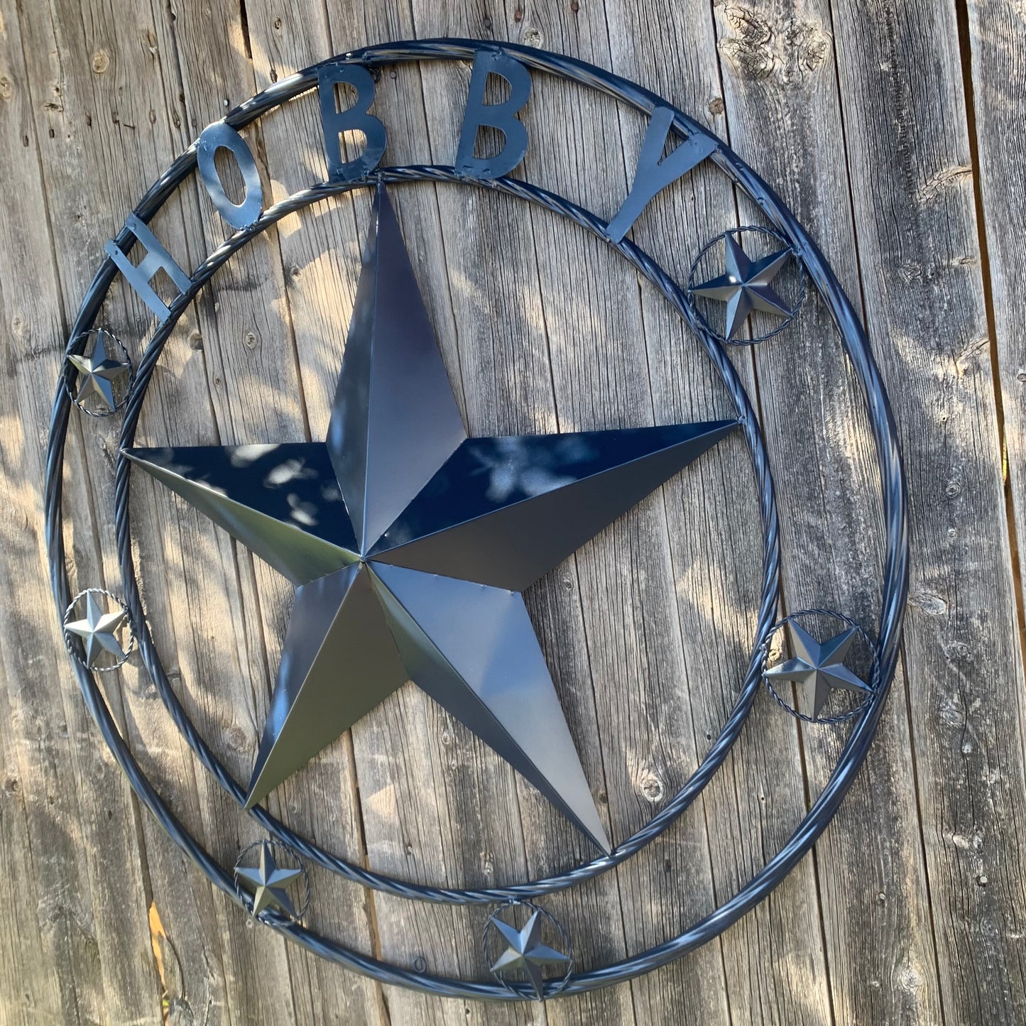 HOBBY STYLE CUSTOM NAME STAR BARN METAL STAR 3d TWISTED ROPE RING WESTERN HOME DECOR RUSTIC NAVY BLUE HANDMADE 24",32",36",50"