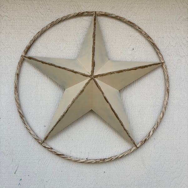 DISTRESSED IVORY WHITE ANTIQUE STAR TWIST ROPE RING METAL WALL ART WESTERN HOME DECOR HANDMADE #EH13132