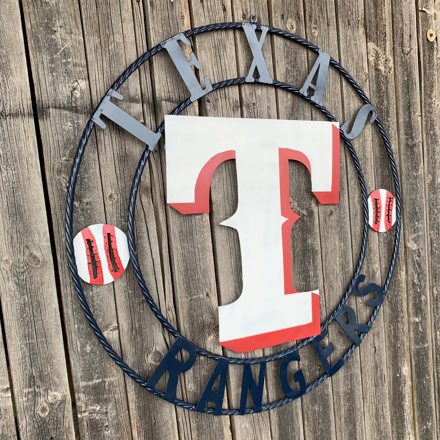 TEXAS RANGERS CUSTOM METAL VINTAGE CRAFT TEAM SIGN WHITE & RED & NAVY BLUE RING HANDMADE