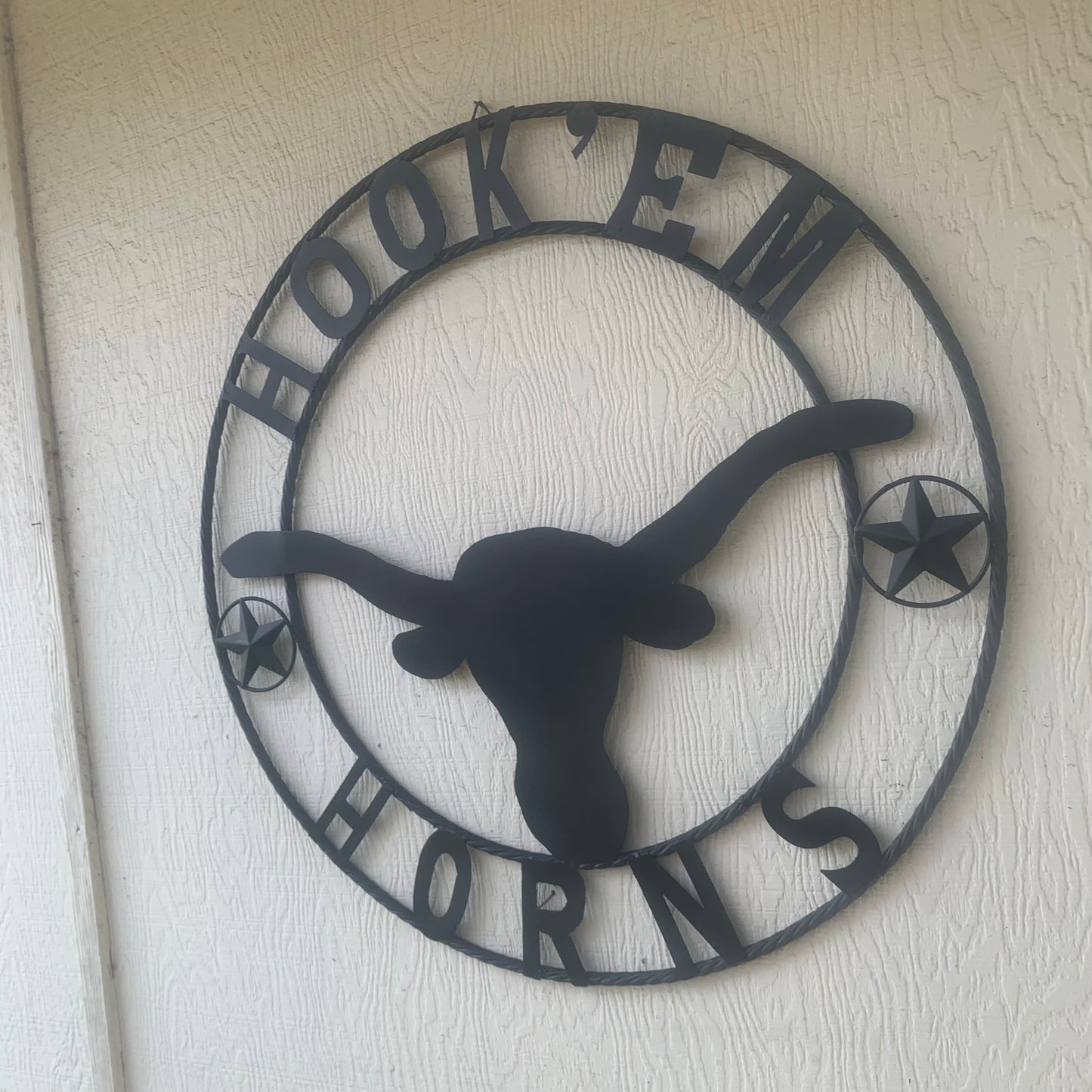 HOOKEM HORNS WITH LONE STAR TEXAS LONGHORNS HOOK EM BLACK METAL CUSTOM VINTAGE CRAFT WALL ART TEAM SIGN HANDMADE
