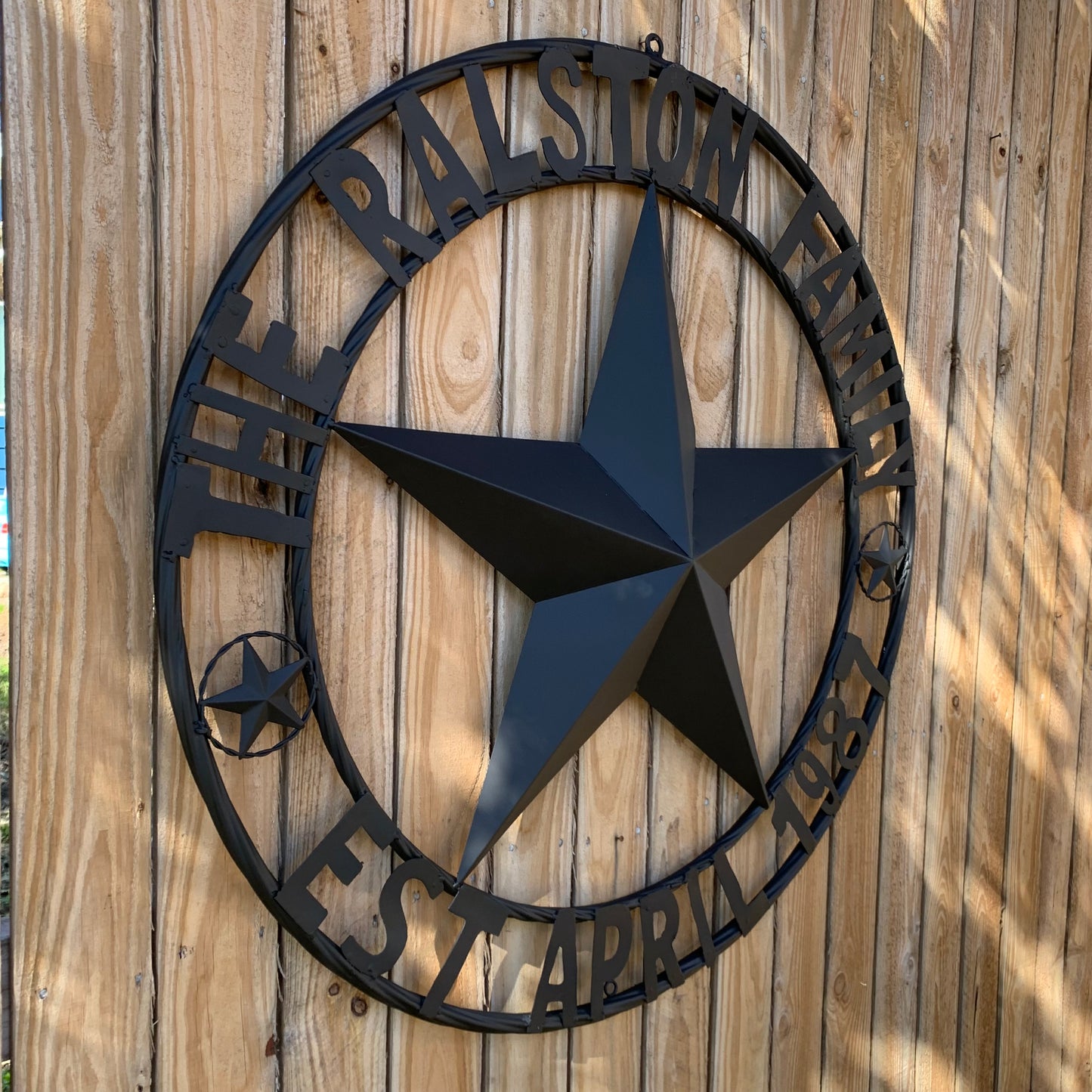 RALSTON FAMILY STYLE CUSTOM NAME STAR BARN METAL STAR 3d TWISTED ROPE RING WESTERN HOME DECOR RUSTIC BLACK HANDMADE 24",32",36",50"