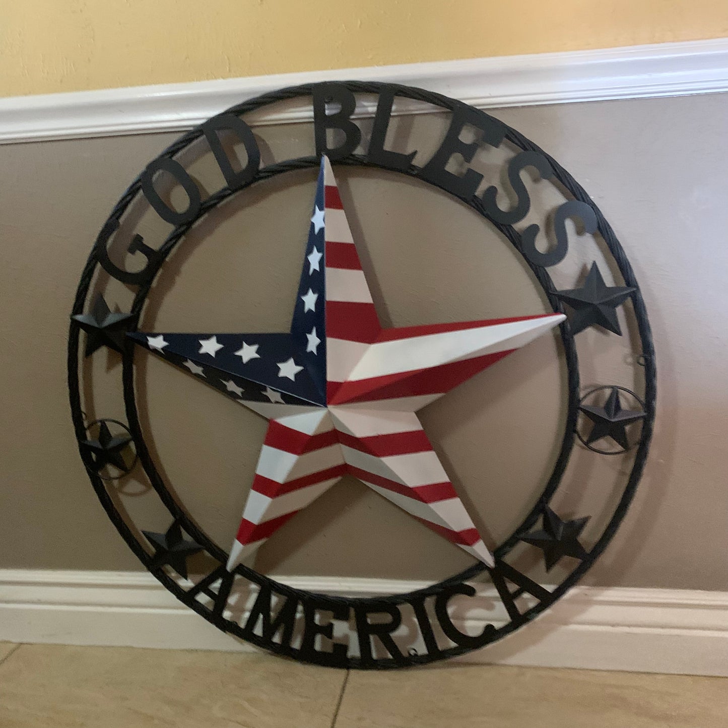 GOD BLESS AMERICA USA FLAG 3d STAR METAL BARN STAR BLACK TWISTED ROPE RING WALL ART WESTERN HOME DECOR RED WHITE & BLUE HANDMADE NEW #EH10490