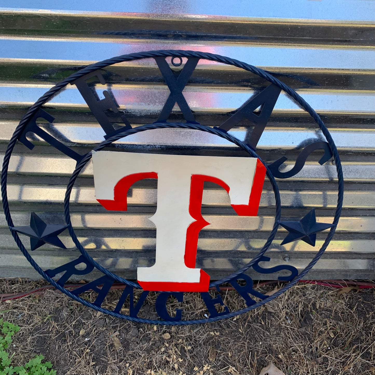 12", 18", 24", 32" TEXAS RANGERS BARN CUSTOM METAL VINTAGE CRAFT SIGN TEAM  WHITE & RED & NAVY BLUE RING & STAR HANDMADE