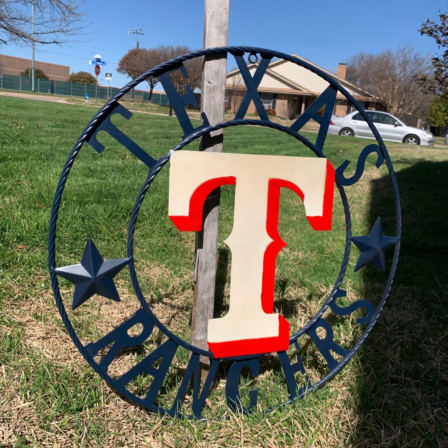 12", 18", 24", 32" TEXAS RANGERS BARN CUSTOM METAL VINTAGE CRAFT SIGN TEAM  WHITE & RED & NAVY BLUE RING & STAR HANDMADE