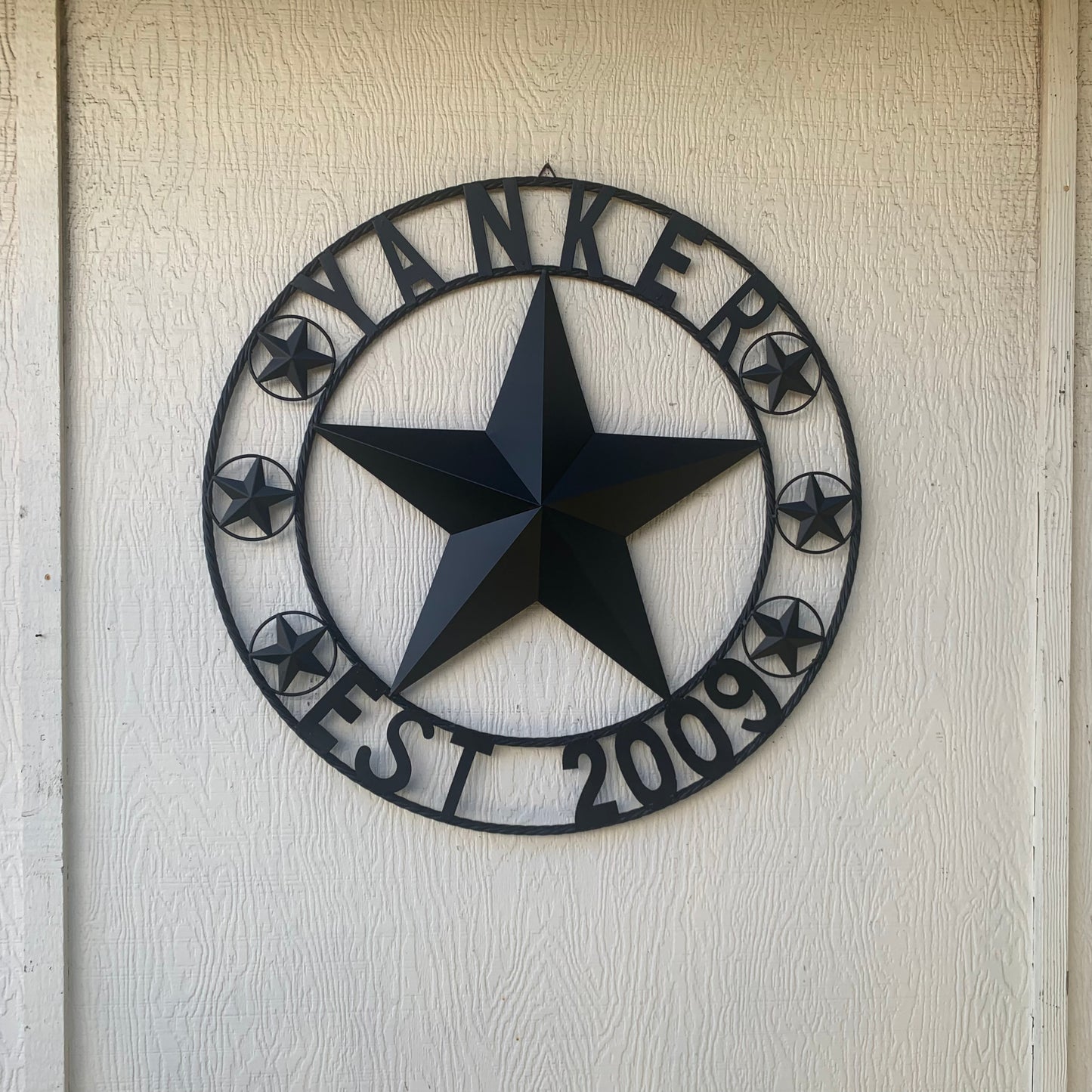 YANKER STYLE CUSTOM NAME STAR BARN METAL STAR 3d TWISTED ROPE RING WESTERN HOME DECOR RUSTIC BLACK HANDMADE 24",32",36",50"