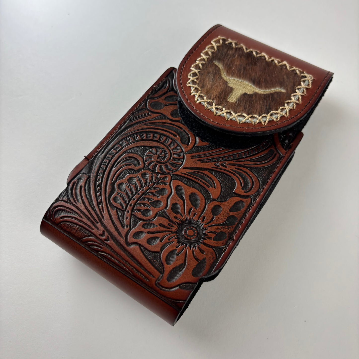7" LONGHORNS LEATHER HOLSTER BROWN POUCH EXTRA LARGE  BELT LOOP CELL PHONE CASE UNIVERSAL OVERSIZE #EH13321