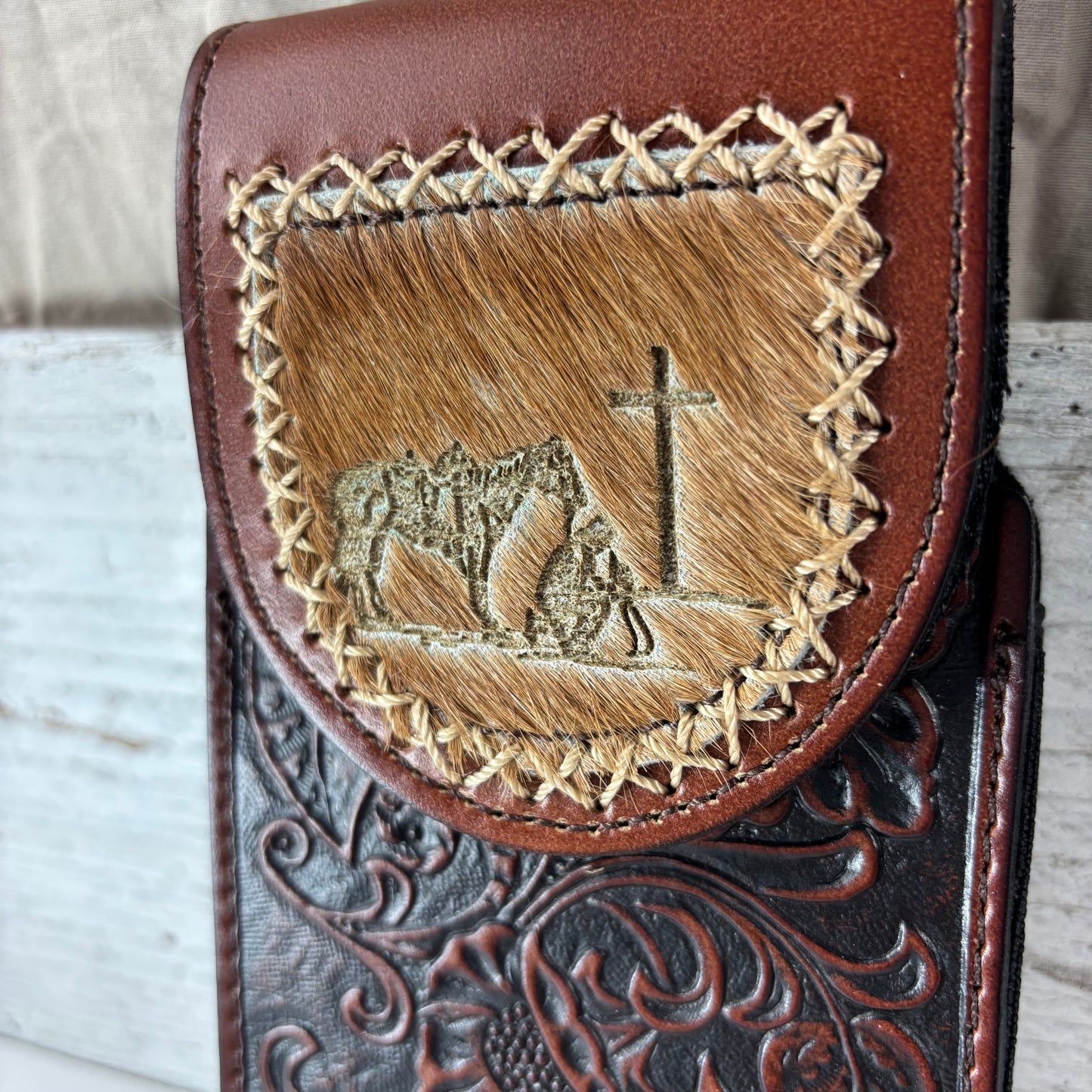7" COWBOY PRAYER  LEATHER HOLSTER BROWN POUCH EXTRA LARGE  BELT LOOP CELL PHONE CASE UNIVERSAL OVERSIZE #EH13322