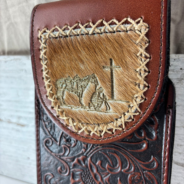 7" COWBOY PRAYER  LEATHER HOLSTER BROWN POUCH EXTRA LARGE  BELT LOOP CELL PHONE CASE UNIVERSAL OVERSIZE