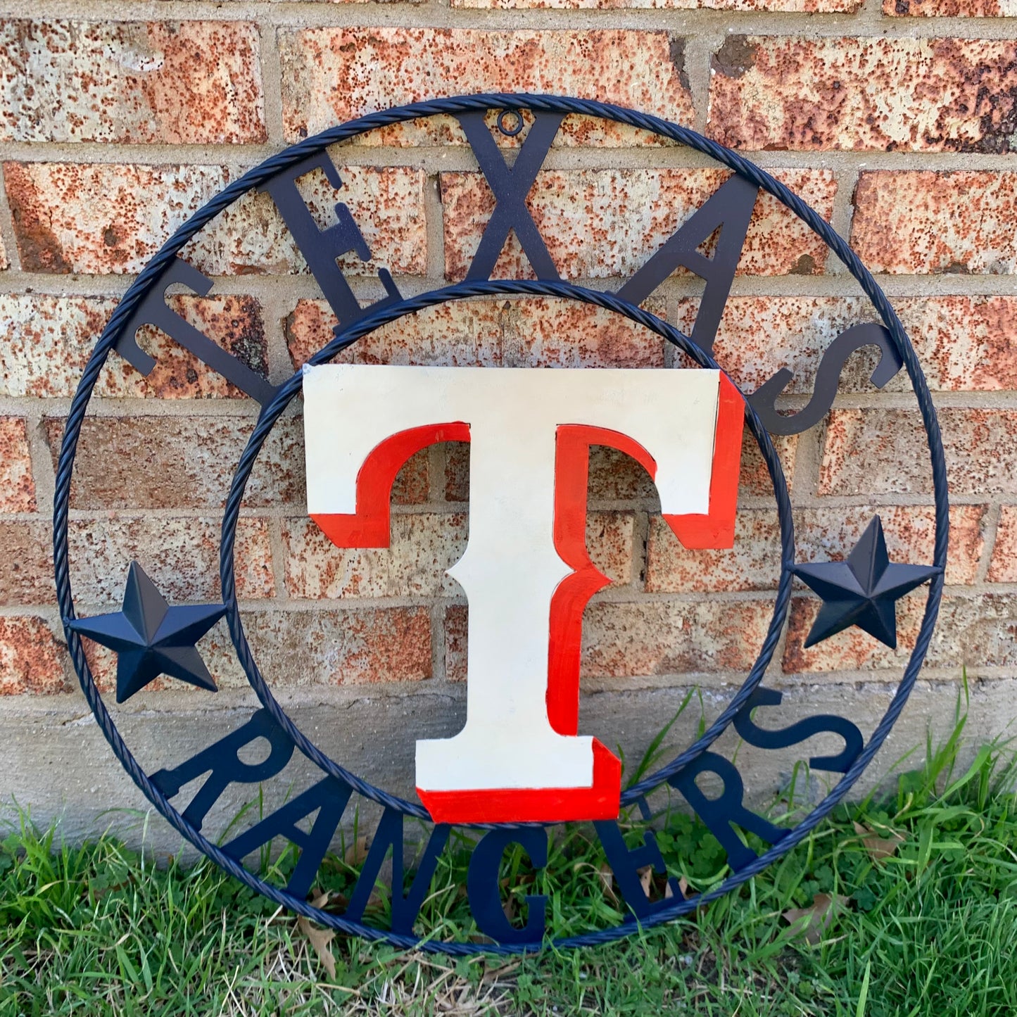 12", 18", 24", 32" TEXAS RANGERS BARN CUSTOM METAL VINTAGE CRAFT SIGN TEAM  WHITE & RED & NAVY BLUE RING & STAR HANDMADE