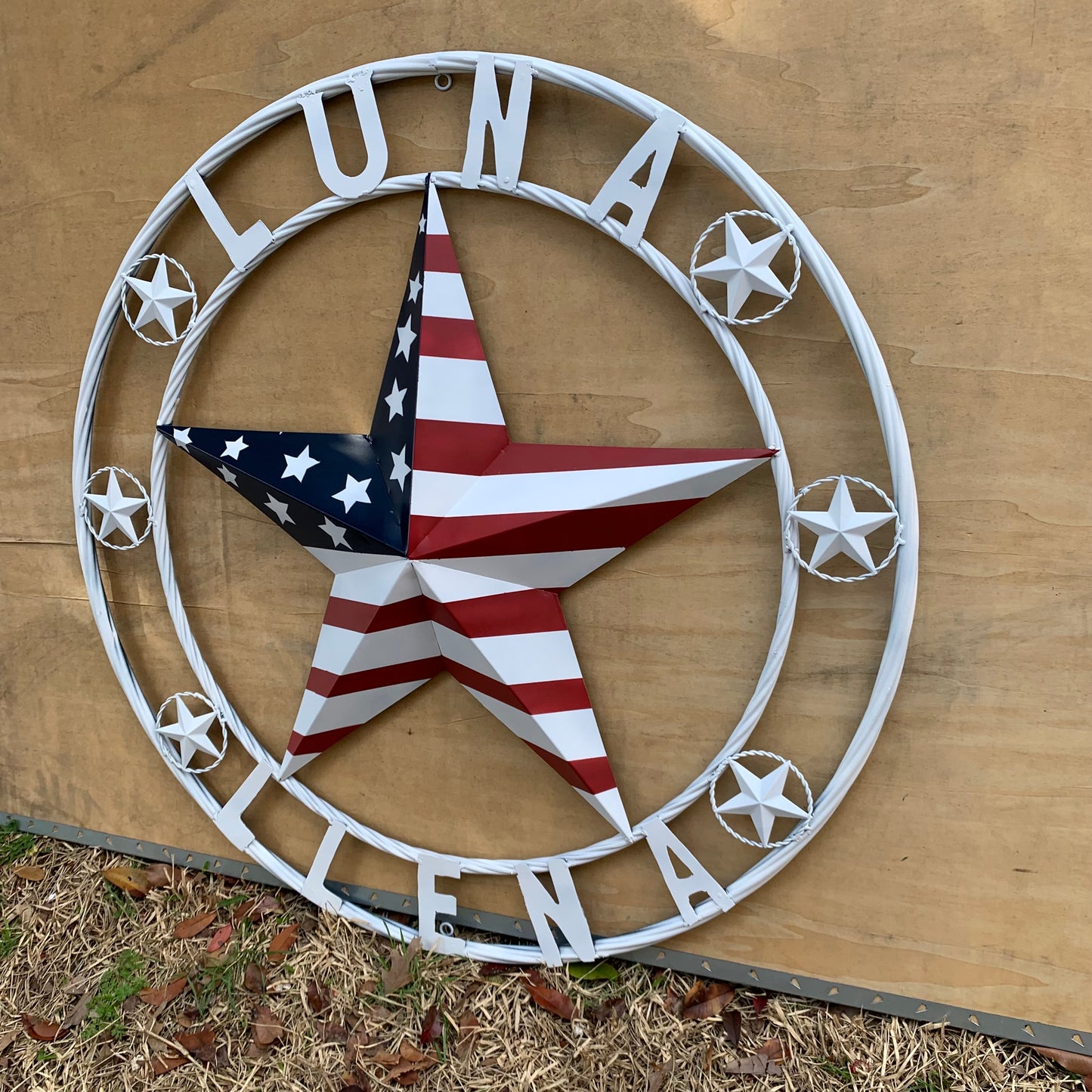 LUNA STYLE CUSTOM NAME BARN STAR METAL STAR 3d TWISTED ROPE RING WESTERN HOME DECOR USA FLAG STAR RED WHOTE & BLUE WITH WHITE RING HANDMADE 24",32",36",50"