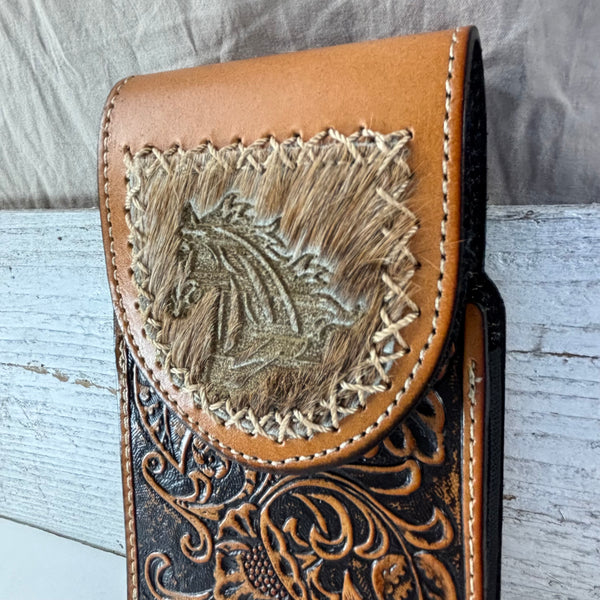 7" HORSE LEATHER HOLSTER TAN POUCH EXTRA LARGE  BELT LOOP CELL PHONE CASE UNIVERSAL OVERSIZE
