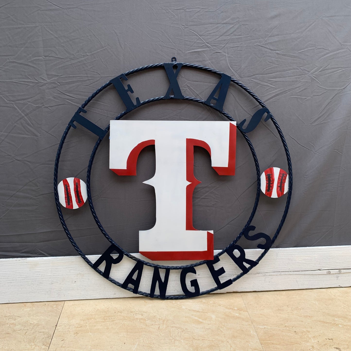 TEXAS RANGERS CUSTOM METAL VINTAGE CRAFT TEAM SIGN WHITE & RED & NAVY BLUE RING HANDMADE