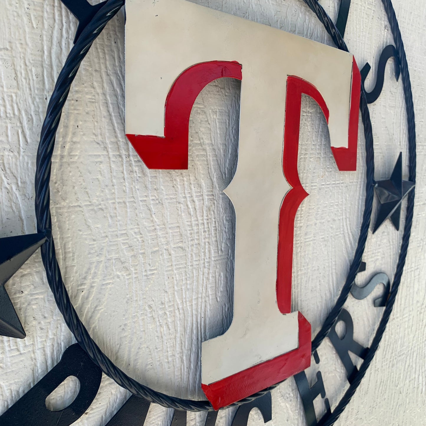 12", 18", 24", 32" TEXAS RANGERS BARN CUSTOM METAL VINTAGE CRAFT SIGN TEAM  WHITE & RED & NAVY BLUE RING & STAR HANDMADE