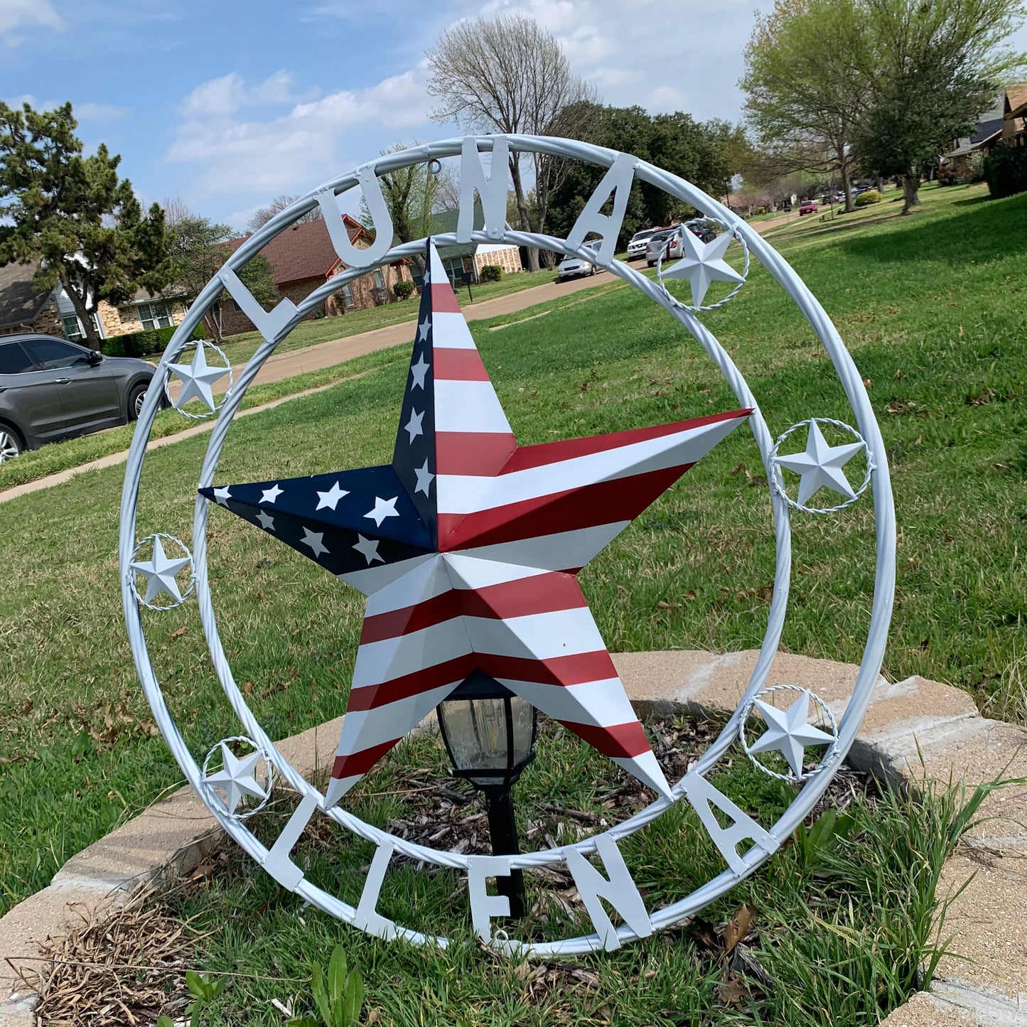LUNA STYLE CUSTOM NAME BARN STAR METAL STAR 3d TWISTED ROPE RING WESTERN HOME DECOR USA FLAG STAR RED WHOTE & BLUE WITH WHITE RING HANDMADE 24",32",36",50"