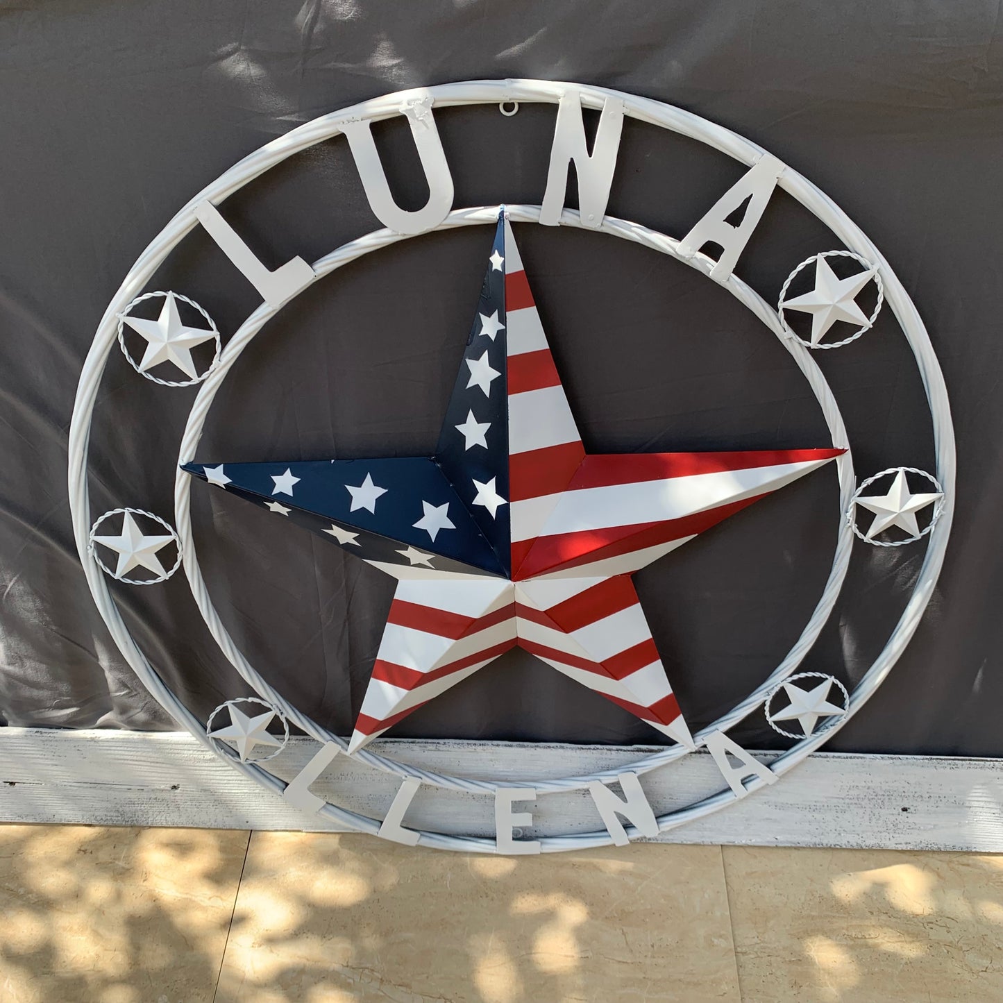 LUNA STYLE CUSTOM NAME BARN STAR METAL STAR 3d TWISTED ROPE RING WESTERN HOME DECOR USA FLAG STAR RED WHOTE & BLUE WITH WHITE RING HANDMADE 24",32",36",50"