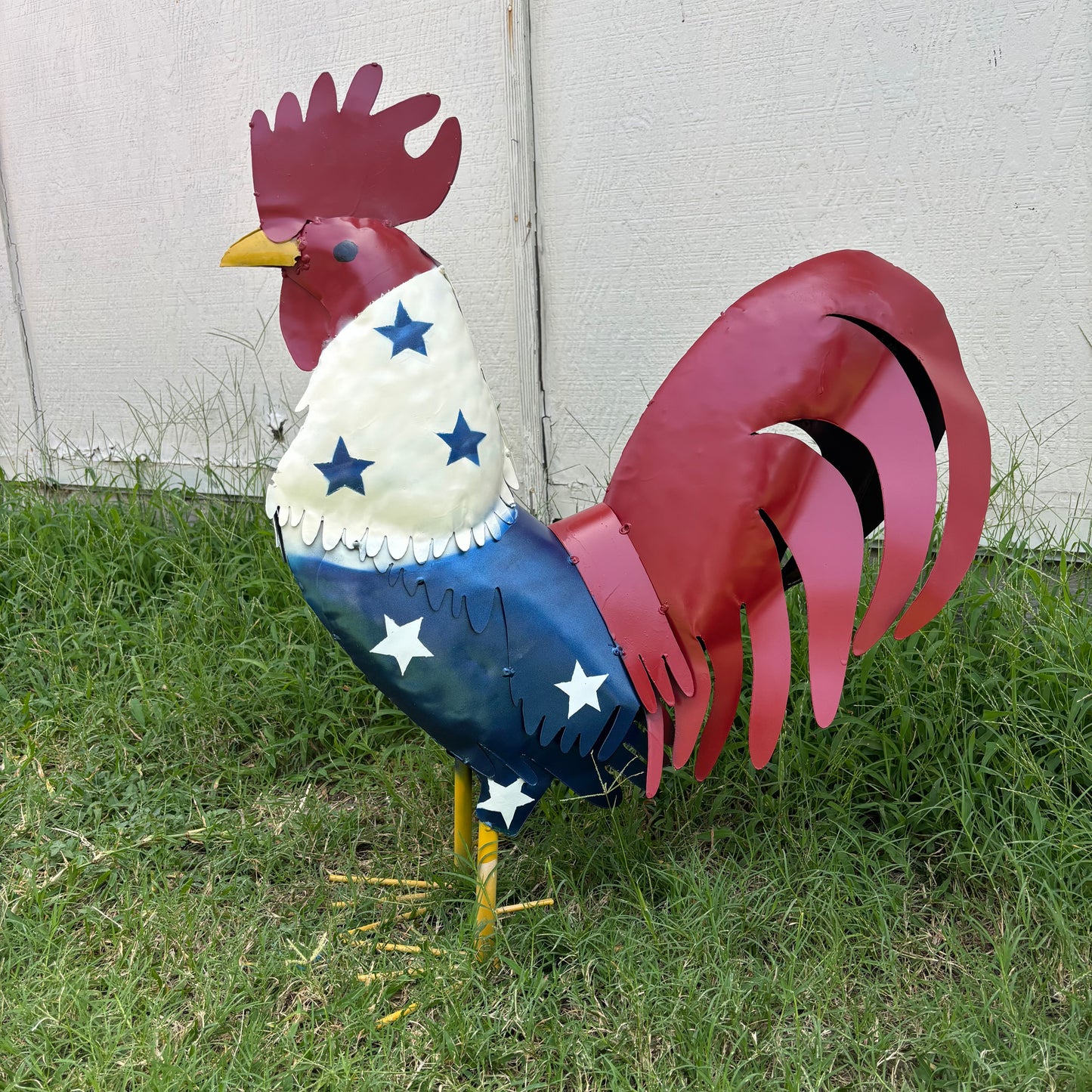 USA FLAG ROOSTER AMERICAN RED WHITE BLUE PATRIOTIC GARDEN METAL SCULPTURE WESTERN HOME DECOR ORNAMENT HANDMADE #34-003