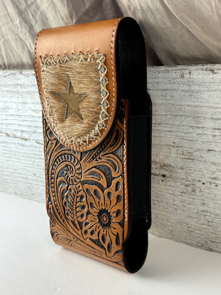 7" STAR LEATHER HOLSTER TAN BROWN STAR POUCH EXTRA LARGE  BELT LOOP CELL PHONE CASE UNIVERSAL OVERSIZE