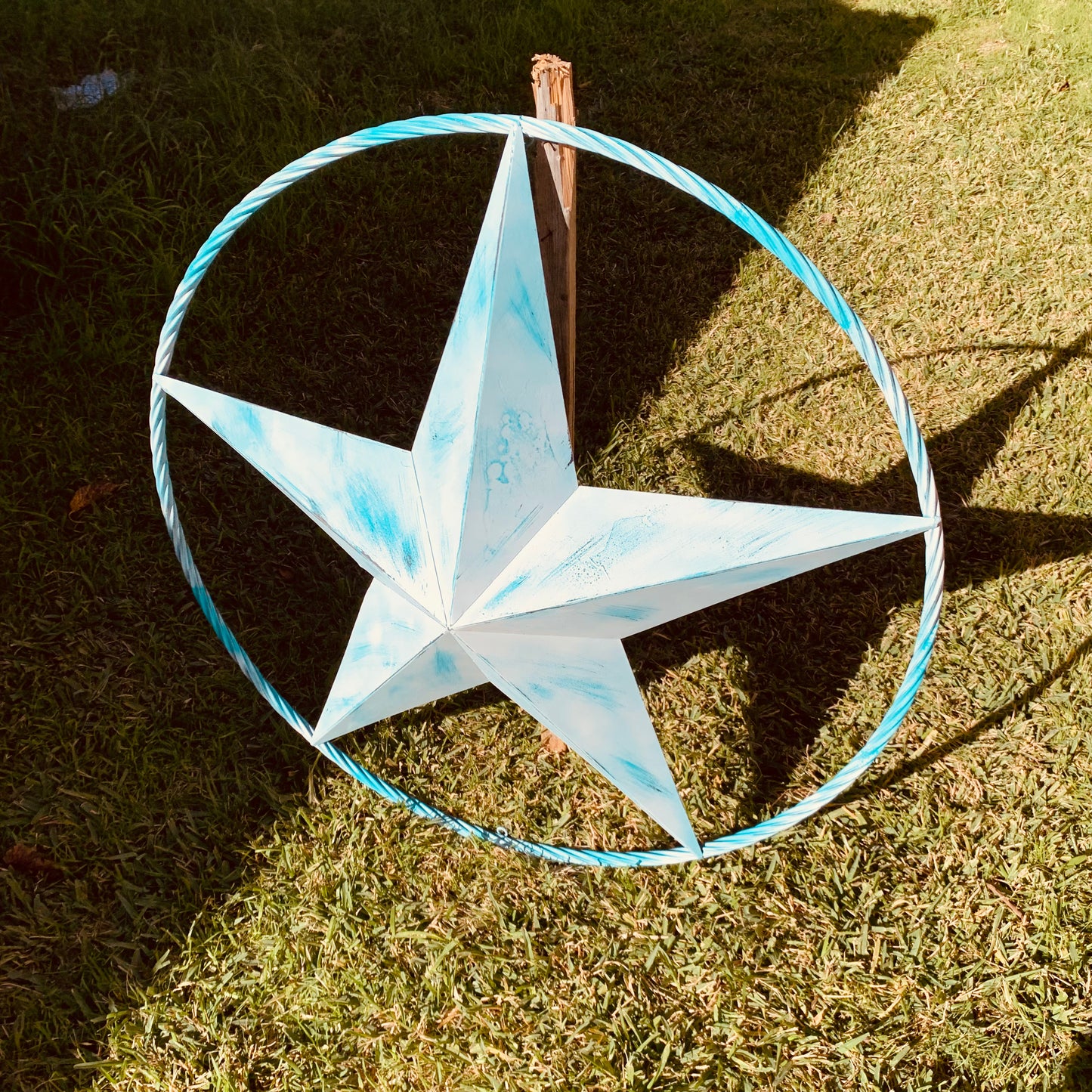 #EH11219 TURQUOISE WHITE DISTRESSED STAR TWO TONE TEXTURE BARN STAR METAL LONESTAR TWISTED ROPE RING WESTERN HOME DECOR HANDMADE NEW