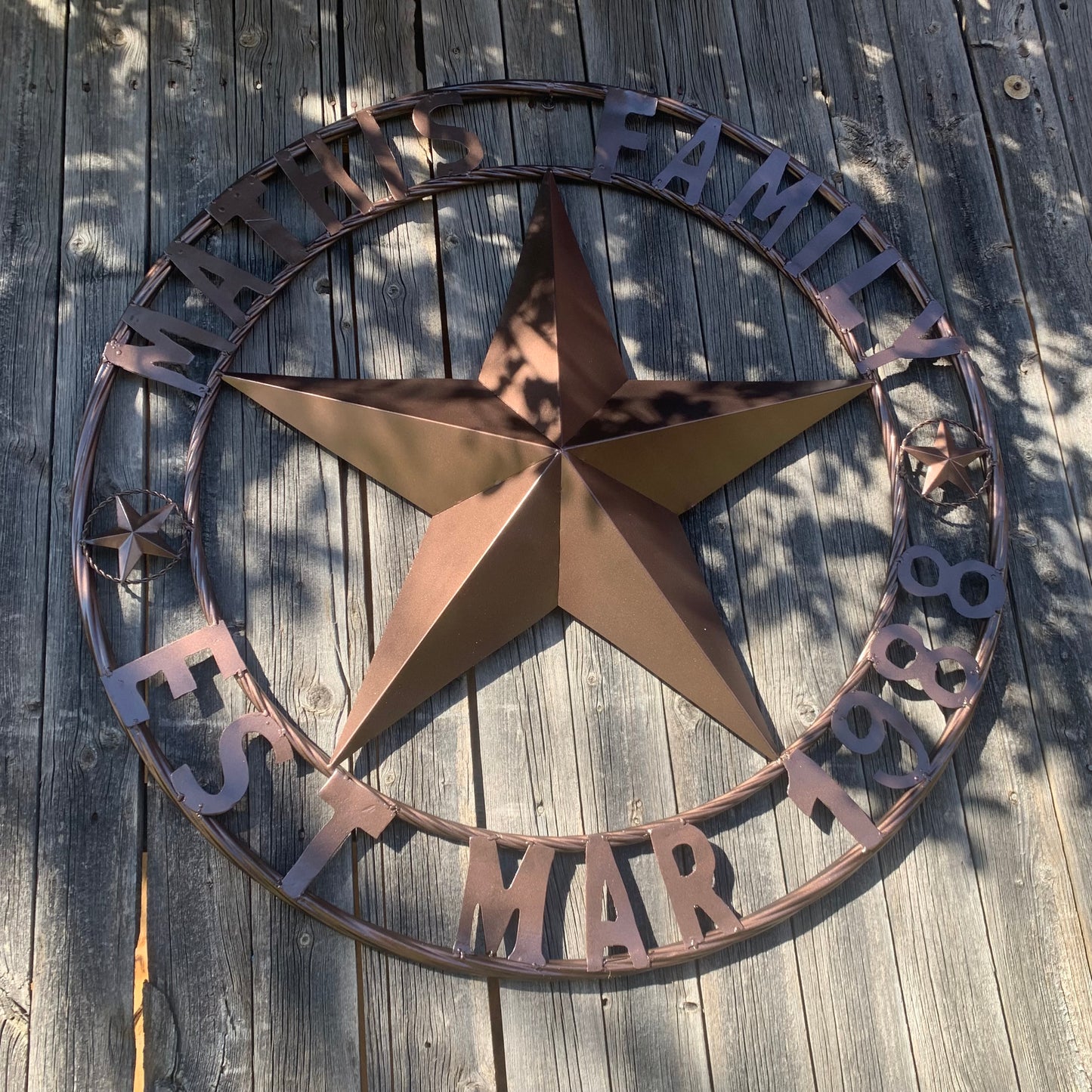 MATHIS STYLE CUSTOM NAME STAR BARN STAR 3d METAL LONESTAR TWISTED ROPE RING WESTERN HOME DECOR RUSTIC BRONZE COPPER HANDMADE 24",32",36",50"