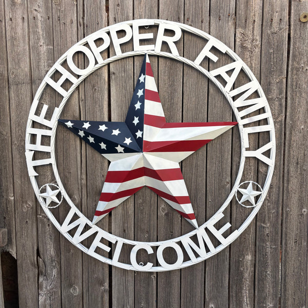 HOPPER STYLE YOUR CUSTOM NAME STAR METAL BARN 3d RED WHITE BLUE USA FLAG WITH WHITE TWIST ROPE RING WESTERN HOME DECOR HANDMADE, 24",36",40"